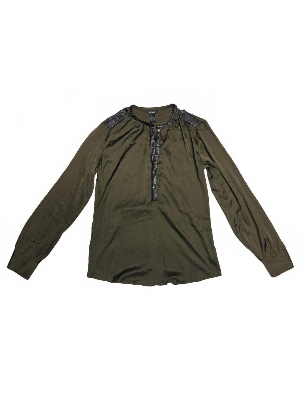Express Olive Green Faux Leather Trim Long Sleeve Blouse Womens Size S